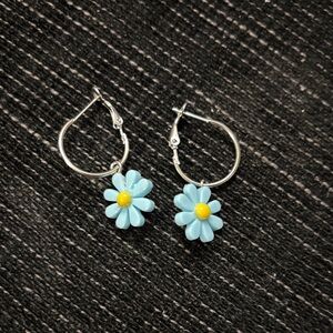 Blue Flower Hoop Earrings